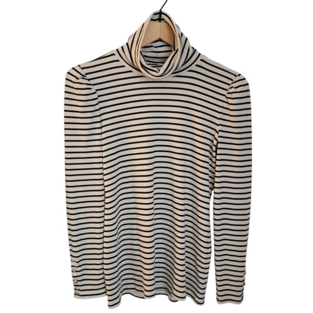 Talbots Ribbed Striped Turtleneck Puffy Shoulders Button Cuffs Black and White S